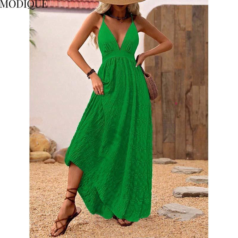 MODIQUE 2025 Summer New Ladies Elegant Sexy Deep V-Neck Backless Solid Green Pleated Slip Long Dress Women's Casual A-Line Dress