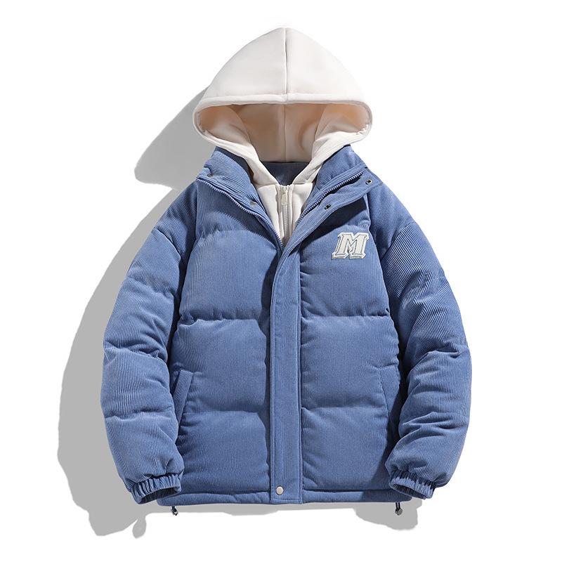 

2025 winter loose and versatile windproof and cold fake two-piece cotton-padded clothes for men and women hooded solid color couple es S синій