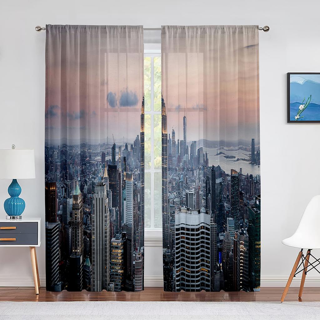Pejzaż miejski Budynki biznesowe Sylwetki Miasto Tiulowe Zasłony do Dekoracji Salonu Sypialni Przezroczysta Woalowa Zasłona Okienna