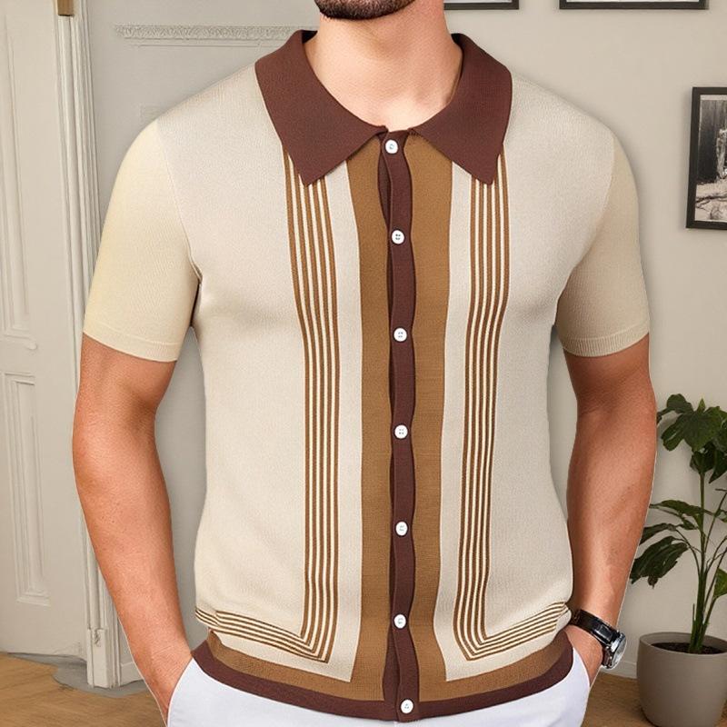

Men s Short Sleeve Knit Shirt with Collar, Button Front, and Striped Design in Green, Blue, Purple, Beige M абрикосовый