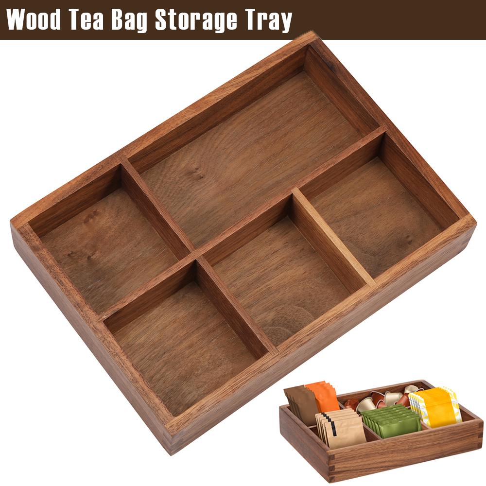 Wood Tea Bag Storage Tray Desktop Organiser with 5 Compartment Multipurpose Sugar Packet Storage Tray for Home Kitchen Office