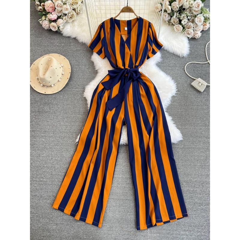 Fashion Celebrity Short Sleeve V-Neck Striped Dress Pants Casual High Waist Skinny Straight Wide Pants Jumpsuit