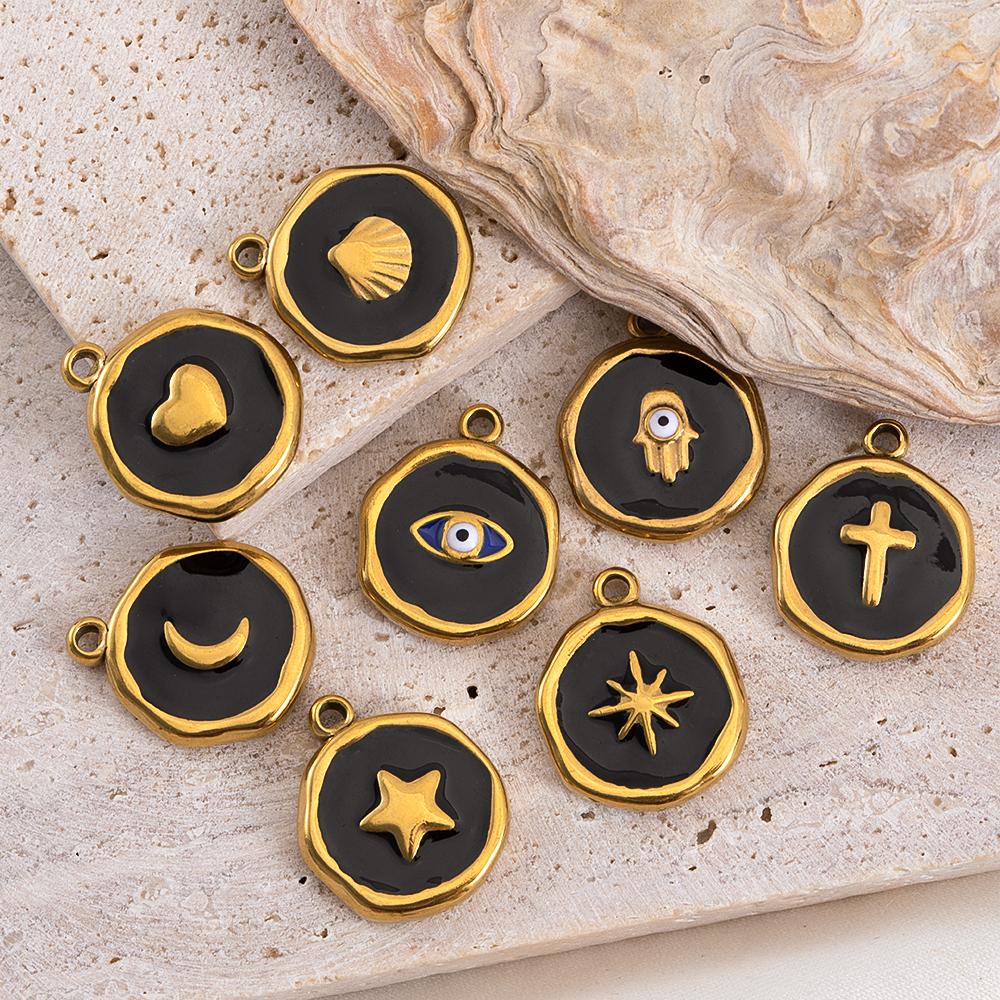 5 Pcs/Lot French Retro Style Enameled Round Stainless Steel Multi Pattern Pendant For DIY Necklace Jewelry Accessories Wholesale
