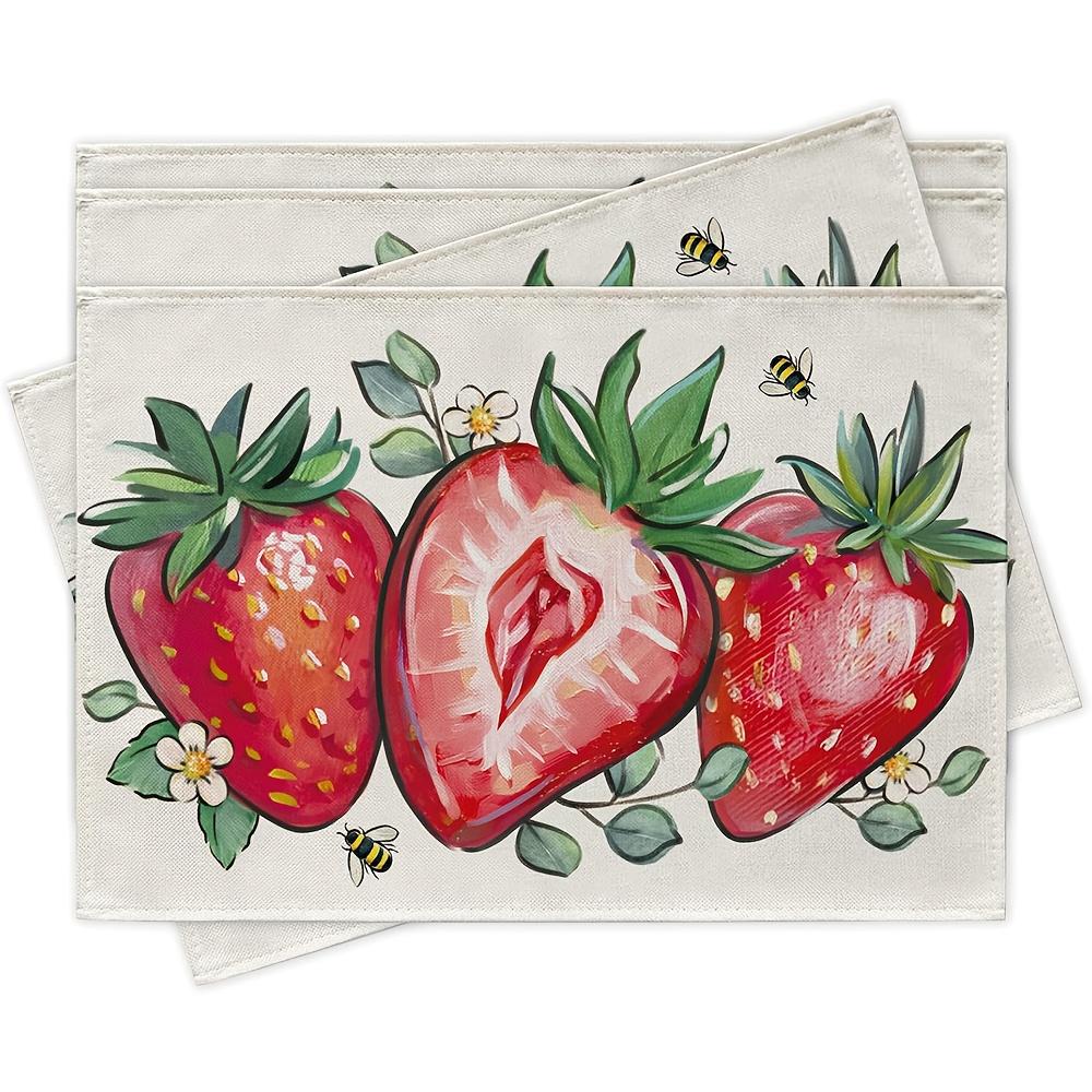 

Spring Summer Strawberry Placemats Set of 4, Red Fruit Bee Dining Place Mats Table Decor, Seasonal Home Kitchen Decoration 30x45cm-4PC