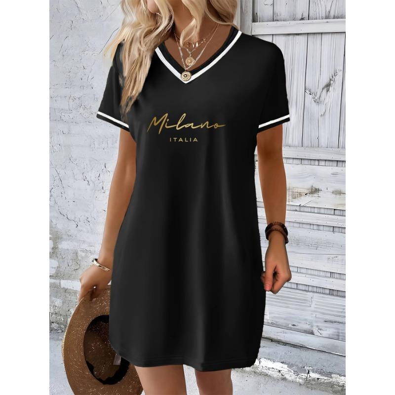 

Fashionable Printed American Casual Style Color-Blocked V-Neck Short L