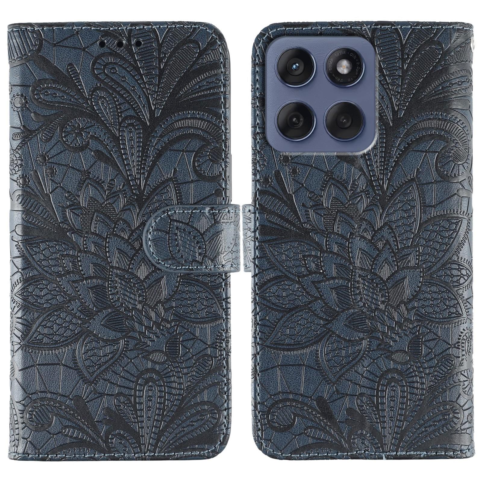 

For Motorola Edge 60 5G/60 Fusion 5G Case Lace Flowers PU Leather Flip Wallet Phone Cover Dark Blue