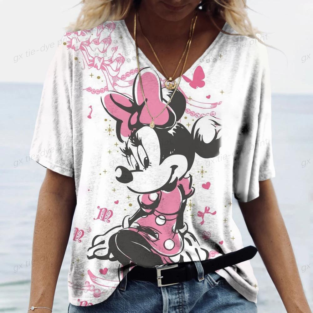 New Women Disney Mickey Mouse Print Vintage T Shirts Women Tops V Neck Pullovers Casual Streetwear Short Sleeve Tops Summer