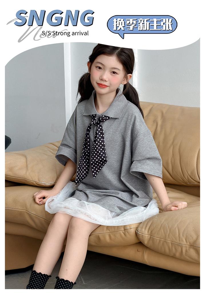 Girls' POLO Knitted Dress New Summer Children's Mesh Splicing Fake Two Piece Medium Sized Children