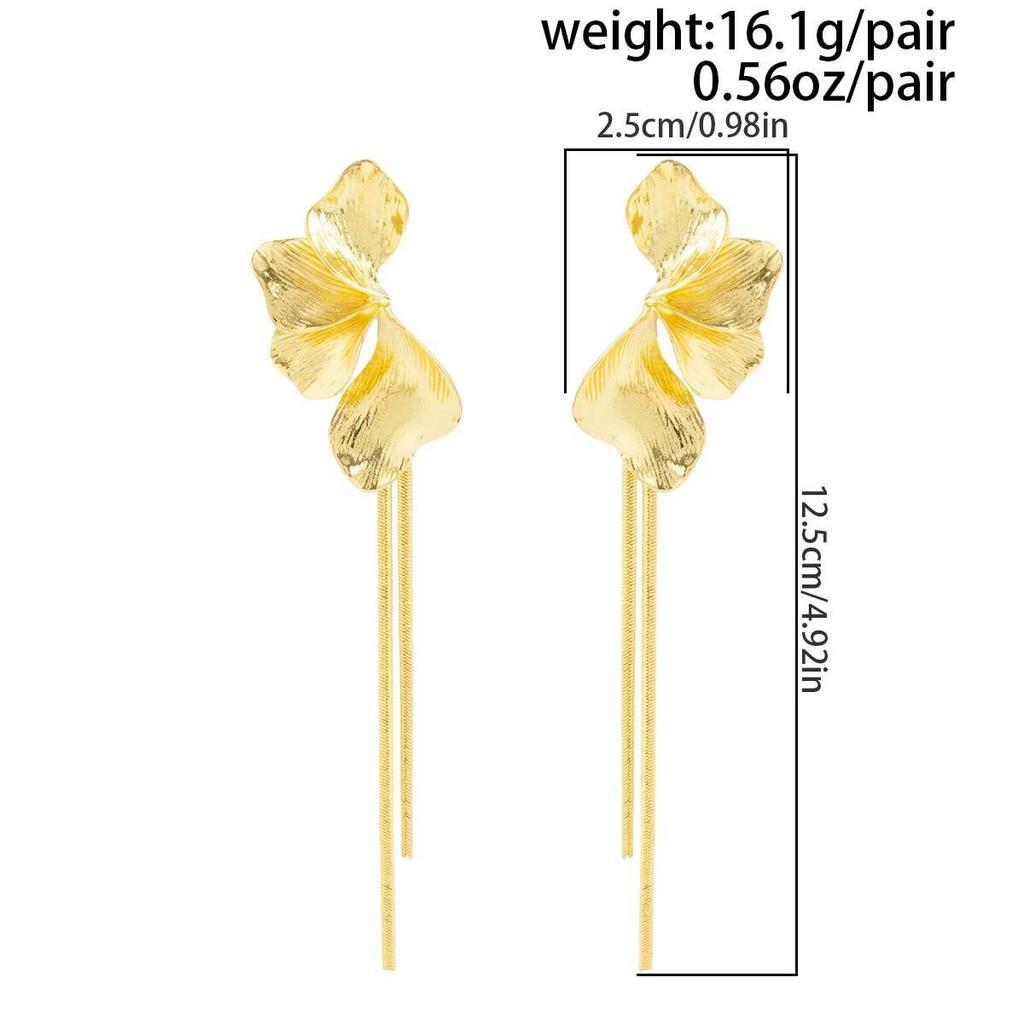Salircon New Elegant Gold Color Flower Long Tassel Pendant Earrings Women Fashion Simple Metal Piercing Ear Banquet Jewelry Gift