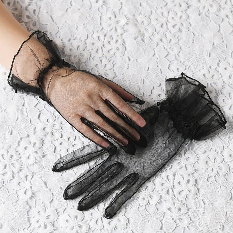 Fashion Elegant Sheer Lace Tulle Gloves Ultra Thin Stretchy Soft Full Finger Mesh Wrist Wedding Party Event Women's Accessories