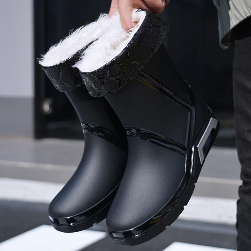 Fashion Men Rain Boots Mid-Calf Length Non-slip Waterproof Rain Boots Car Washing Fishing Leisure Work Rubber Shoes with Cotton
