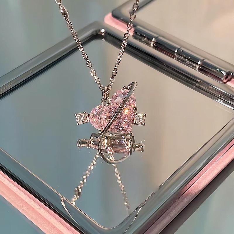 Y2K Trend Pink Planet Heart Zircon Necklaces Women Charm Aesthetic Clavicle Chain Pendent Necklace Party Jewelry Gifts