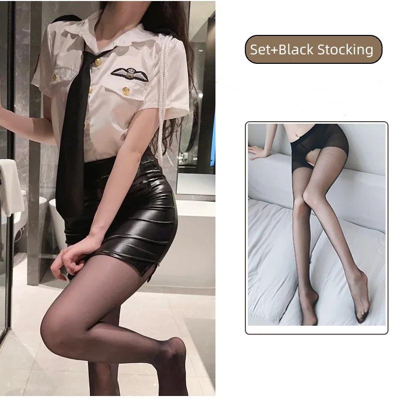 Cops Policewoman Office Lady Cosplay Costume Blue Shirt with Wrap Hip PU Leather Skirt Ties Panties Set Erotic Sexy Lingerie