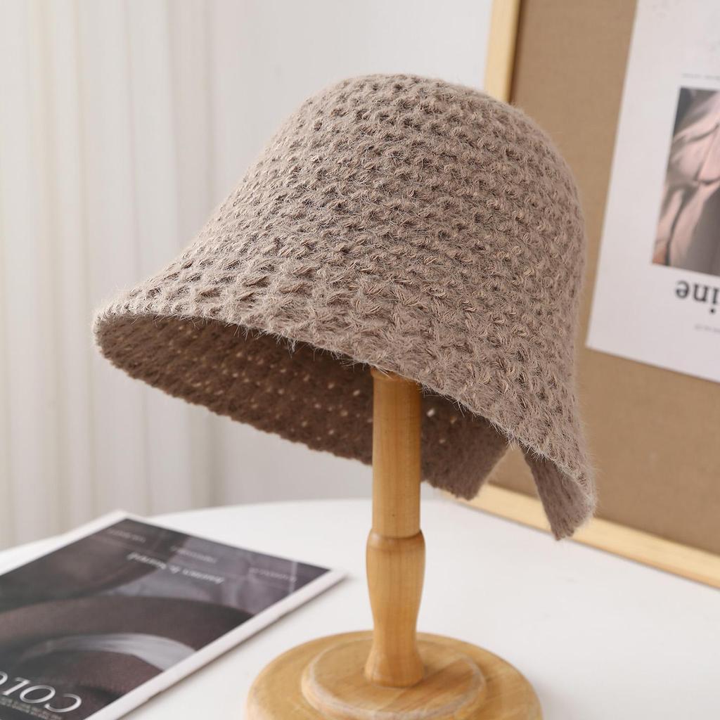 French Style Round Top Knit Bucket Hat - Women'S Winter Fisherman Cap With Hollow-Out Design, Warm Rolled-Edge Outdoor Headwear