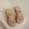 Temperament One-word Open-toed Cool Slippers Women's 2025 Summer New Outer Wear Thick-soled Square Head Large-size Foreign Trade Women's Shoes Wedge H