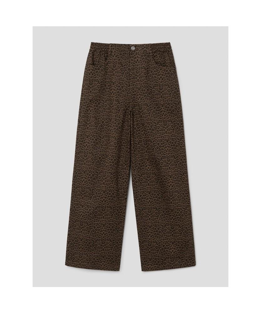Saendeusaundeu (Unisex) Leopard Wide Oval Elastic Waist Pants Brown