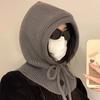 Hooded Scarf Hat Solid Color Adjustable Drawstring Pullover Hat Buttons Closure Knitted Winter Hat Loose Fit Neck Gaiter