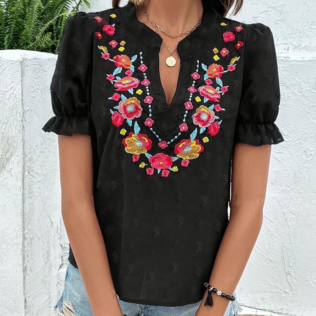 Europäisches und amerikanisches neues floral besticktes Rüschenkanten-Hemd Damen V-Ausschnitt Pullover Top Damen