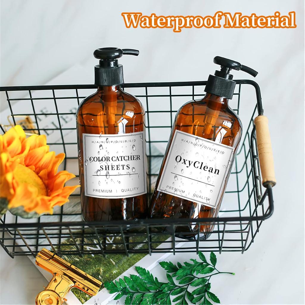 16 PCS Waterproof Labels for Glass/Plastic Bottles, Bathroom/Kitchen Hand Soap Dispenser Label Stickers, Removable Cleaning Labels for Lotion,