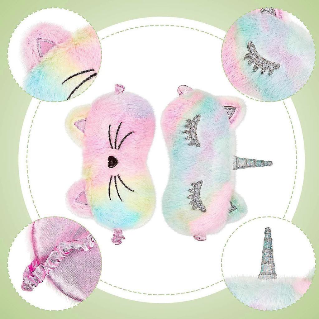 3 Pieces Sleep Mask for Kids, Girls Plush Sleeping Eye Cover Soft Eye Blindfold Cover Animal Shade for Kids(Rainbow Color,Bunny, Cat and Unicorn Style
