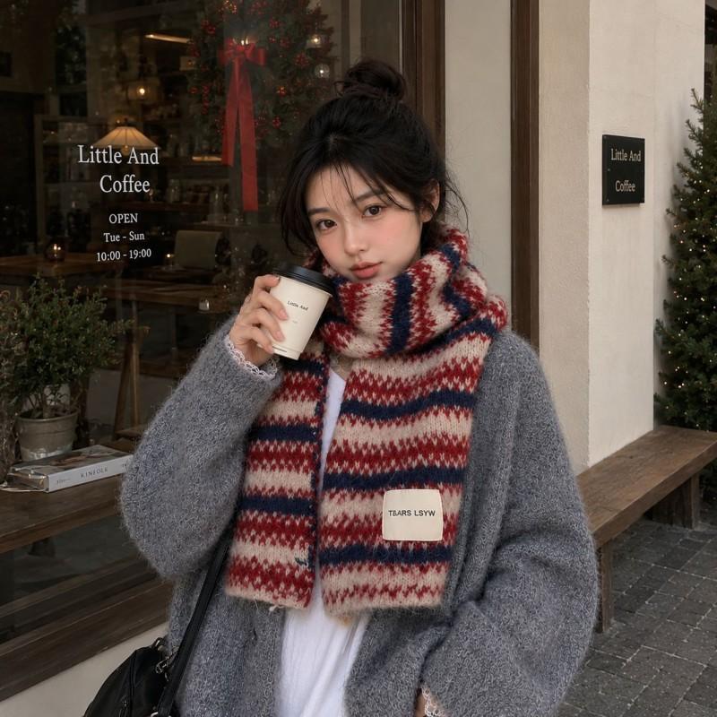 Womens Thick Knit Scarf With Colorful Stripes Warm Winter Accessory Soft Lightweight Wrap Daily Wear