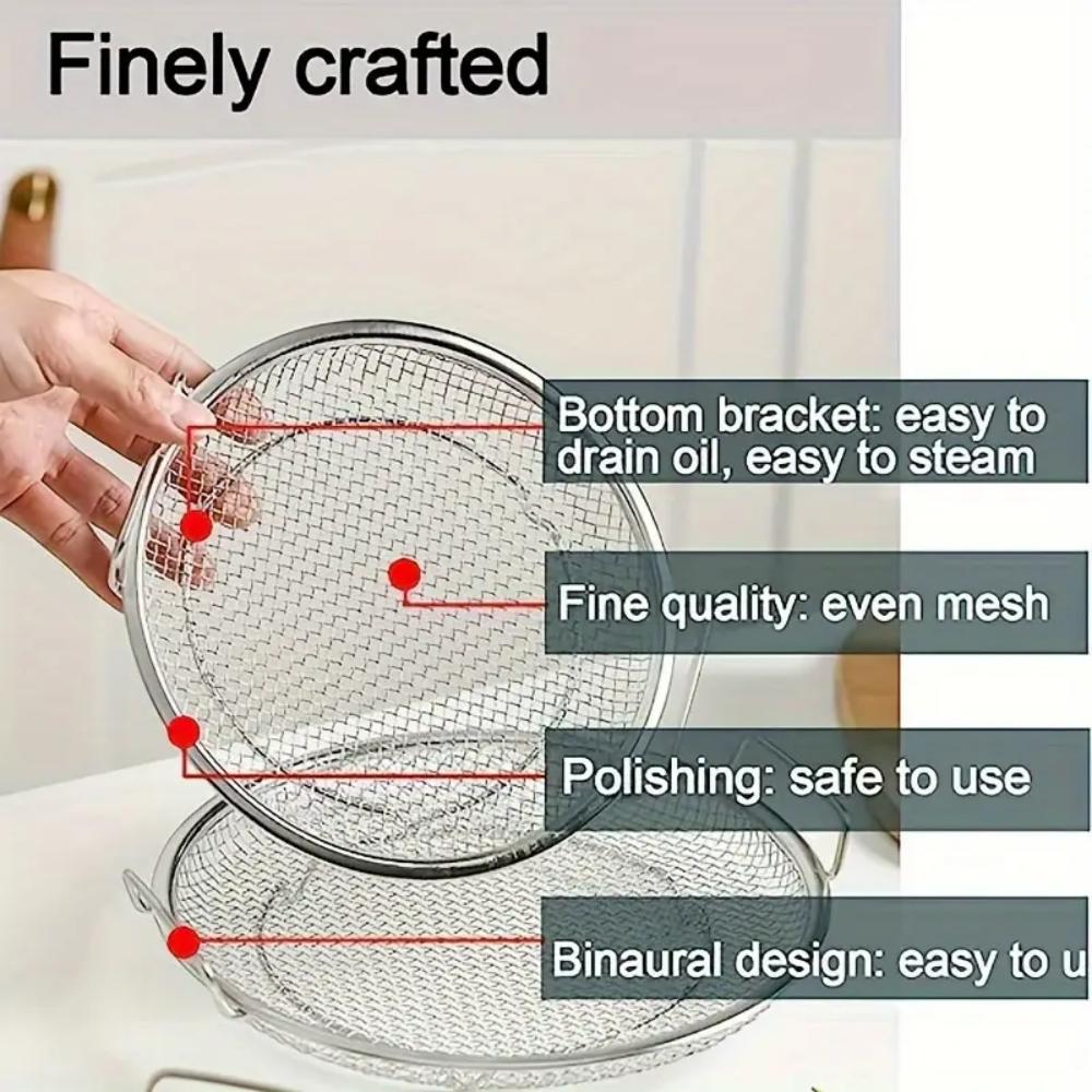 Stainless steel circular food filter, sieve, basket, easy to clean in home kitchen, long-lasting drainage, compatible with fryin