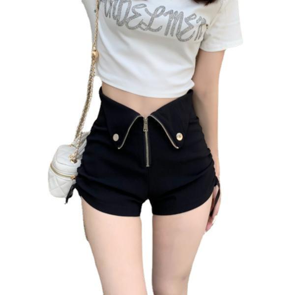 Women's Large Black Wide-Leg Drawstring Zipper A-Line High Waist Casual Shorts - Spring/Summer 2025