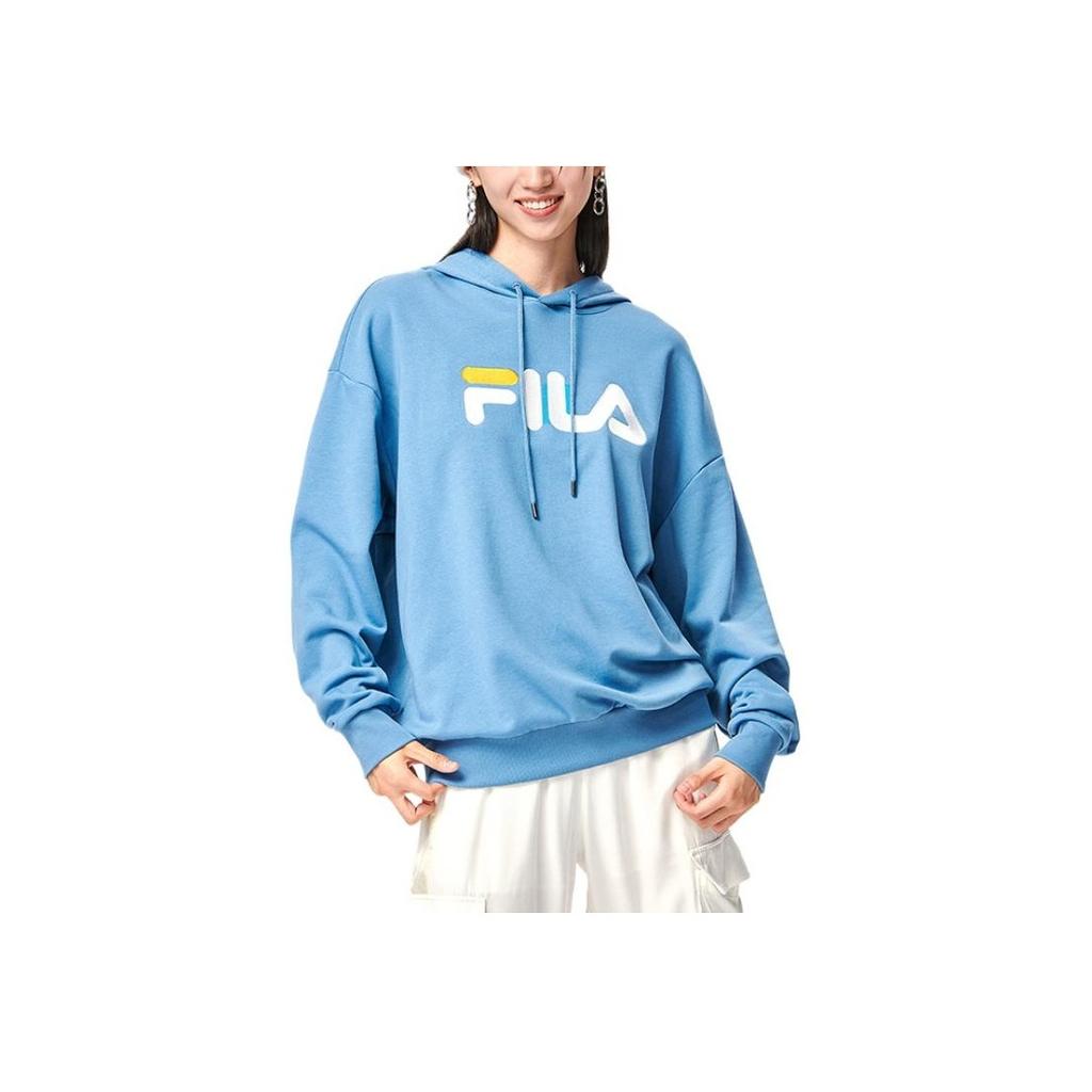 FILA Solid Color Hooded Pullover Sweatshirt With Brand Logo Print Long Sleeve American Style Unisex sweatshirt Blue F51U138296F-BU