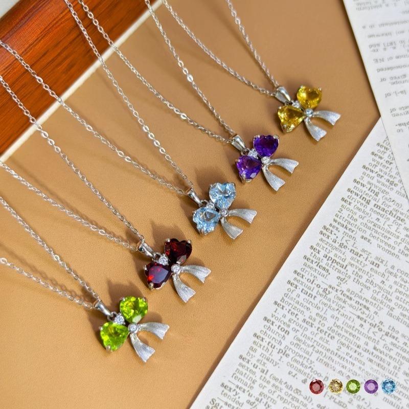 S925 Silver Bowknot Pendant Necklace with Natural Crystal, Love Heart Design