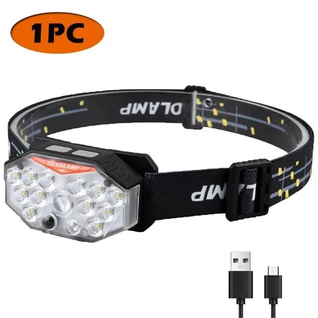 Multi-Functional Intelligent Headlamp Rechargeable Dual Light Source Headlight Red Warning Tent Camping Night Fishing Lantern