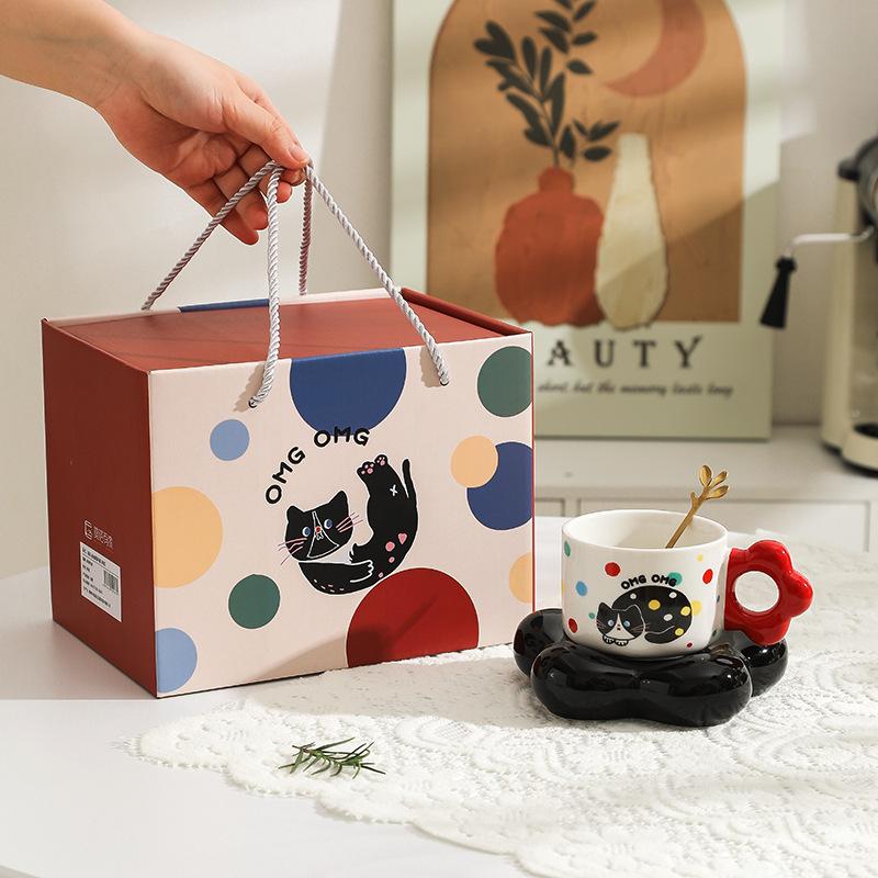 

Meow Le Valley Mengqu Ceramic Coffee Cup Saucer Gift Cat High Value Water Cup Couple Gift 301-400ml