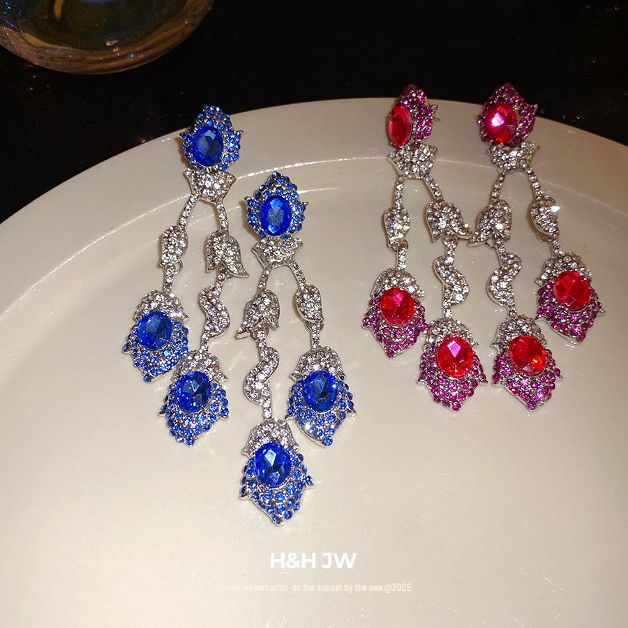 Silver needle flash diamond-encrusted flower fringed earrings light luxury high-end earrings heavy industry earrings design sense niche