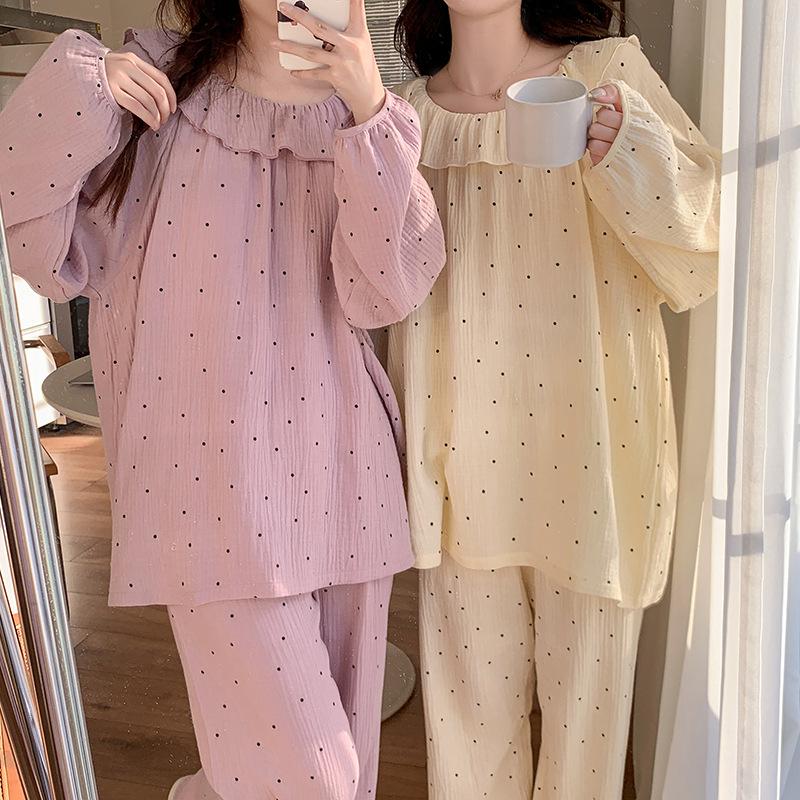 Ladies' Cartoon Pajama Set: Cotton Gauze, Long Sleeve & Pants, Thin Cardigan, Spring/Autumn Style.