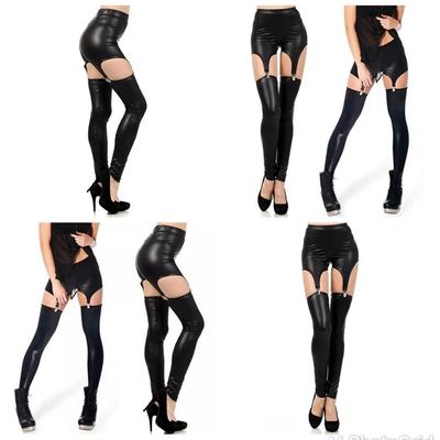 Faux Leather Tight Suspender Leggings Buckle Waist Garter Pants Women
