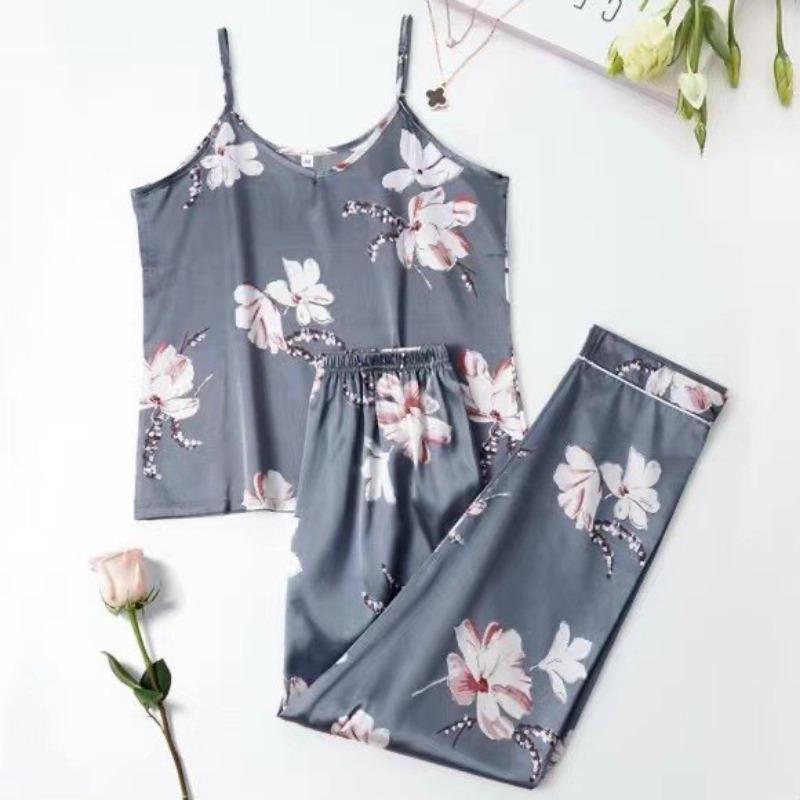 2Pcs/set Ladies Camisole Pajamas Set Simulation Silk Printing Backless Adjustable Sleeveless Trousers College Students Homewear