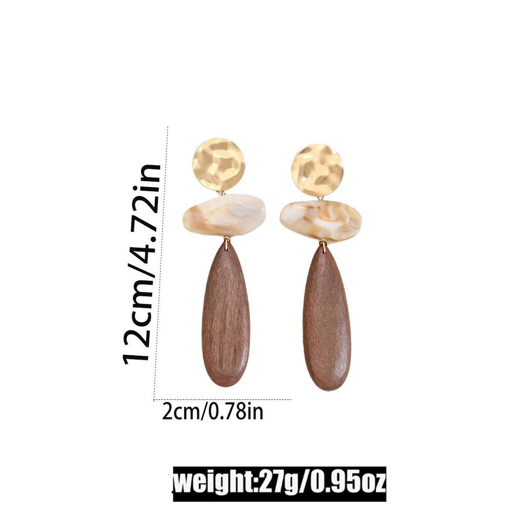 Retro Geometric Coffee Faux Wood Oval Dangle Earrings