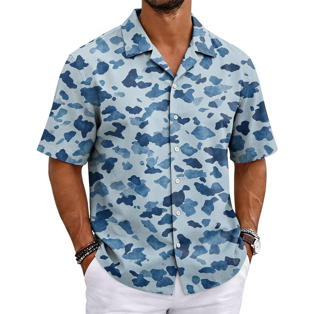 Men's Camouflage Short Sleeve Cuban Collar Shirt Lightweight Breathable Casual Button Down Shirt Summer Beachwear