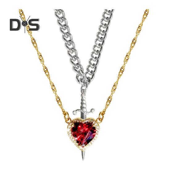 Couple Necklace Cubic Zirconia Heart Matching Necklace Romantic Through The Heart Couple Jewelry for Him Her Valentine's Day Gift