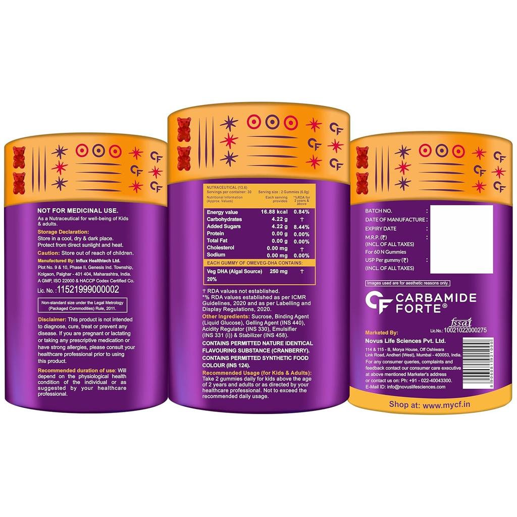 Carbamide Forte Veg Omega3 DHA 250mg Gummies for Men Women Kids - 60 Veg Gummies for Heart Brain Joints