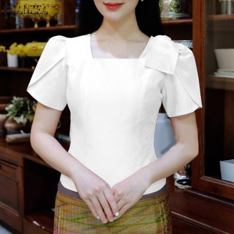 ZANZEA Women Casual Square Collar Summer Short Sleeve Blouse