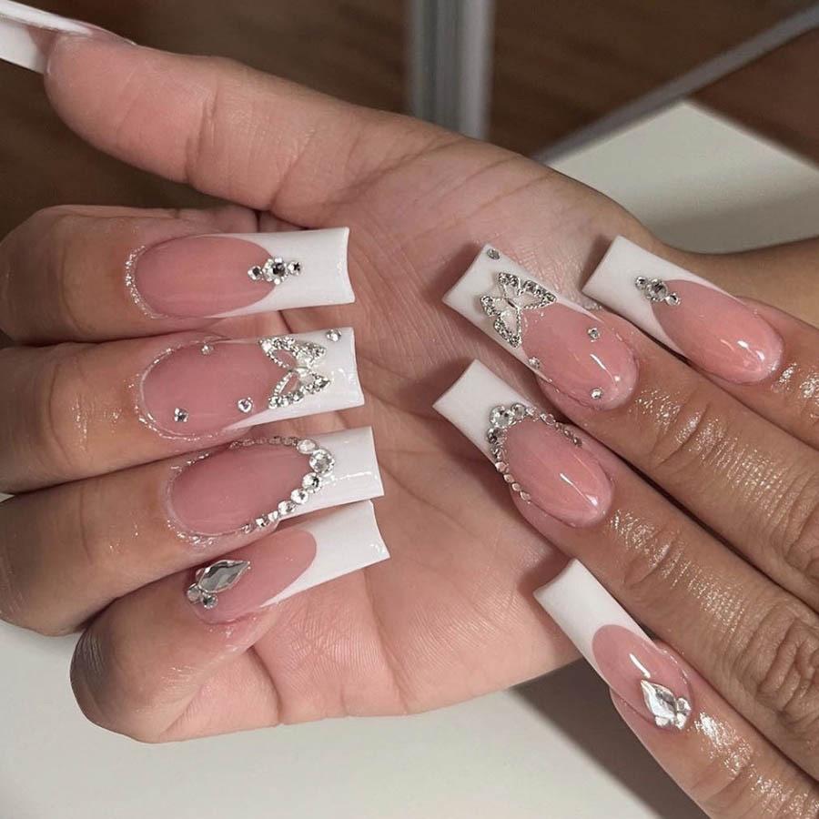24 Pcs Pink French Tip Star Long Coffin False Nails Ballet Wearable Full Cover Press On Nail Tips Art