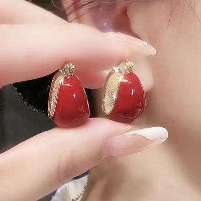 Simple Design Wine Red Dripping Oil Dangle Earrings for Women Gold Color Circle Vintage Hoop Earring Jewelry Gifts