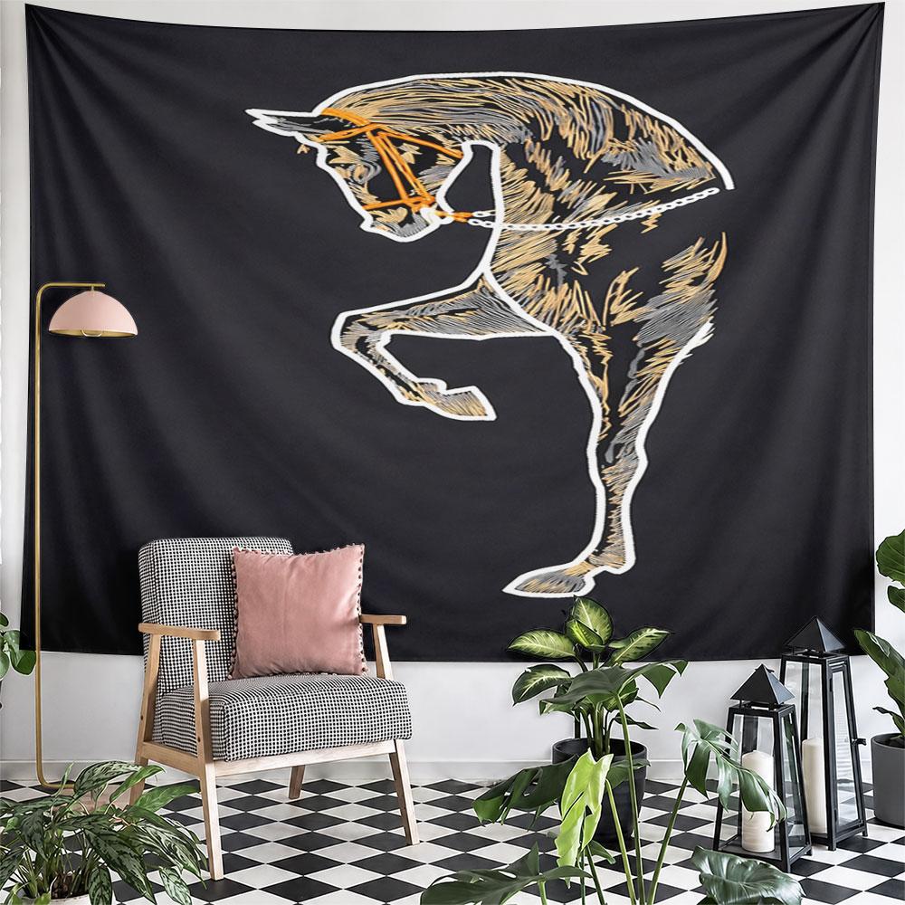 Golden Horse Sketch On Black Background Pattern Wall Hanging Tapestry Decorative Tapestry Home Decor for Bedroom and Living Room
