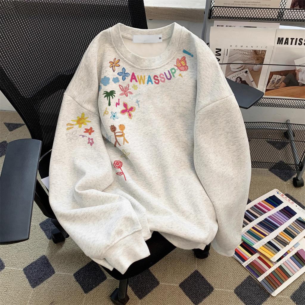 Crew neck sweater girls fleece thickened autumn and winter American high street heavy versatile jacket boys long sleeves