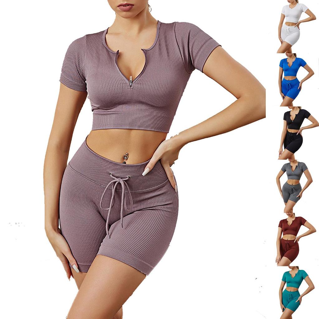 Women Two Piece Ribbed Knit Short Sleeve Crop Top and High Waist Drawstring Shorts Set for Casual and Active Wear