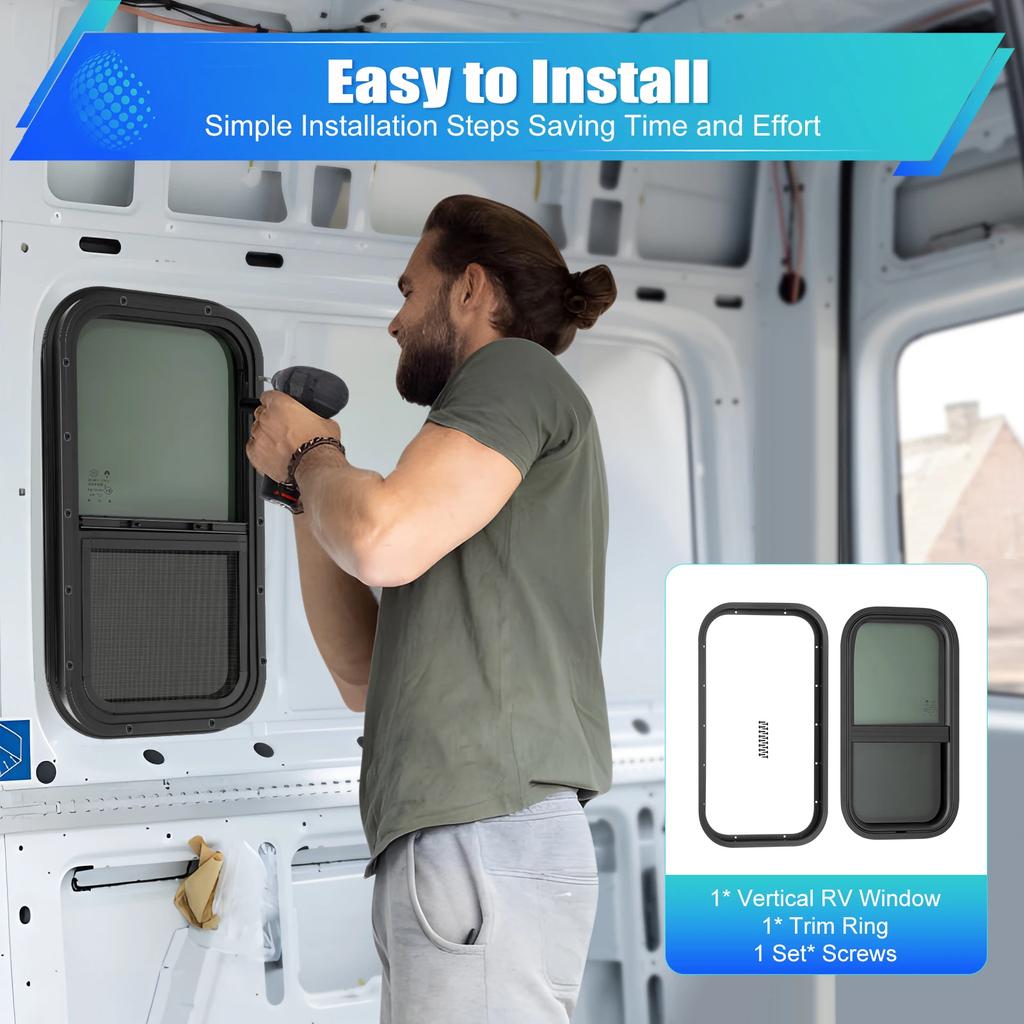 Premium Wohnmobilfenster 12" B x 22" H, Vertikales Schiebefenster zum Aufreißen, Frachtanhänger mit Fliegengitter, Kompletter Einbausatz enthalten