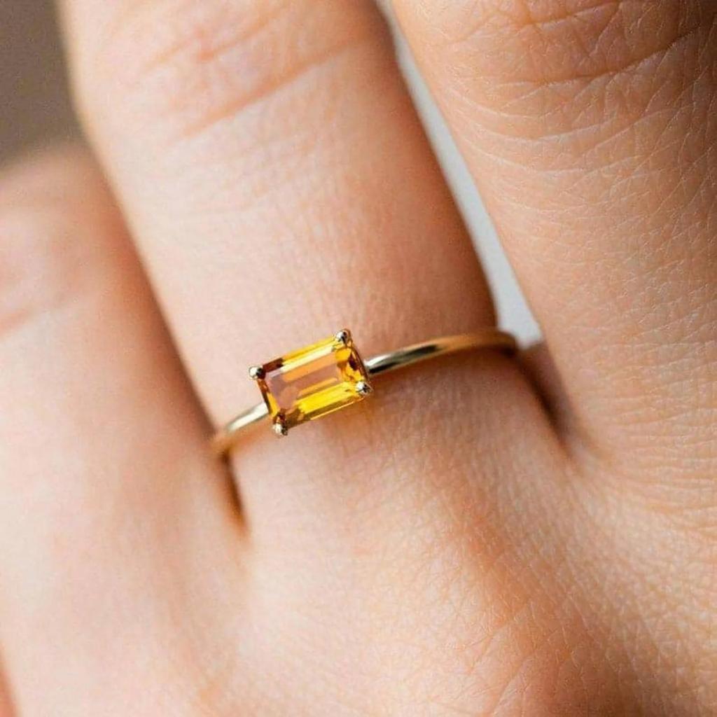 Yellow Gold Plated Citrine Ring: Baguette November Birthstone Solitaire Ring: Minimalist Bridal wedding jewelry gift for her