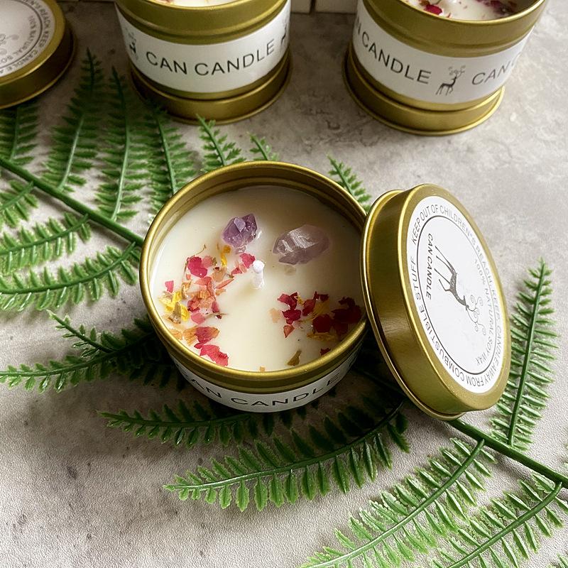 Golden Tin Box Aromatherapy Candles Crystal Salt Stonedried Flower Scented Soy Wax Smokeless Candle Home Decoration