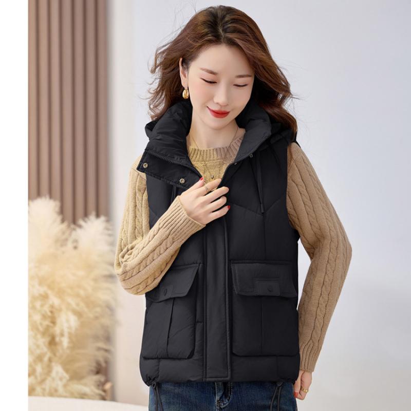 New fall and winter women's lightweight sleeveless undershirt hooded solid color thickened warm sports and leisure loose lightweight jacket