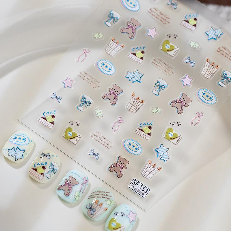 Sky Little Yellow Bear Cute Childlike Nail Art Stickers with Stars, Bows & CCD Camera Phone Jelly Stickers
